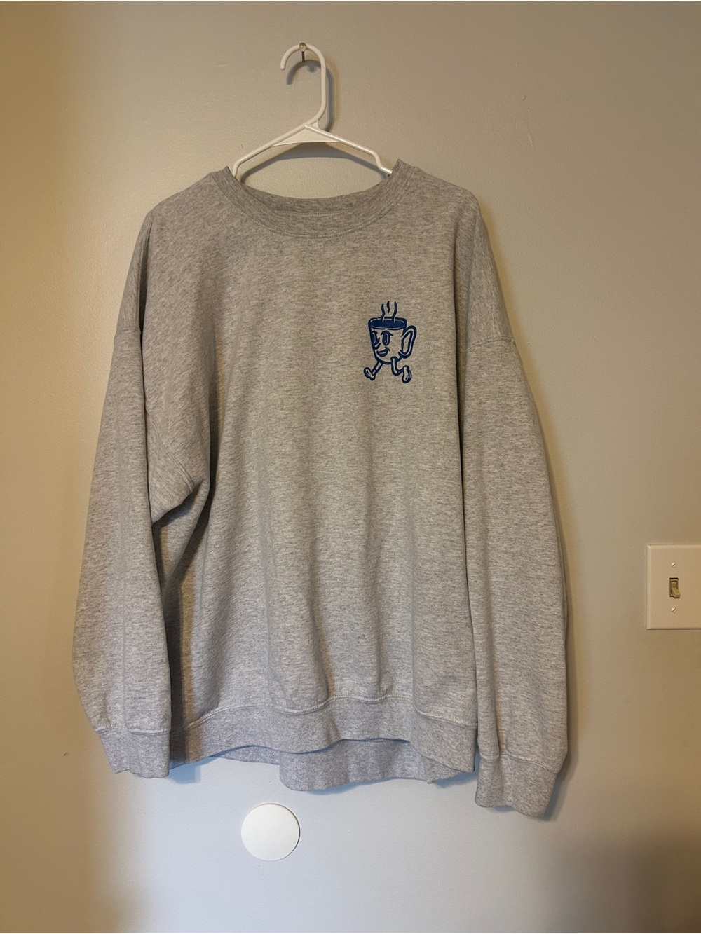 Gray Crewneck Sweatshirt with Blue Mug and Coffee Graphic